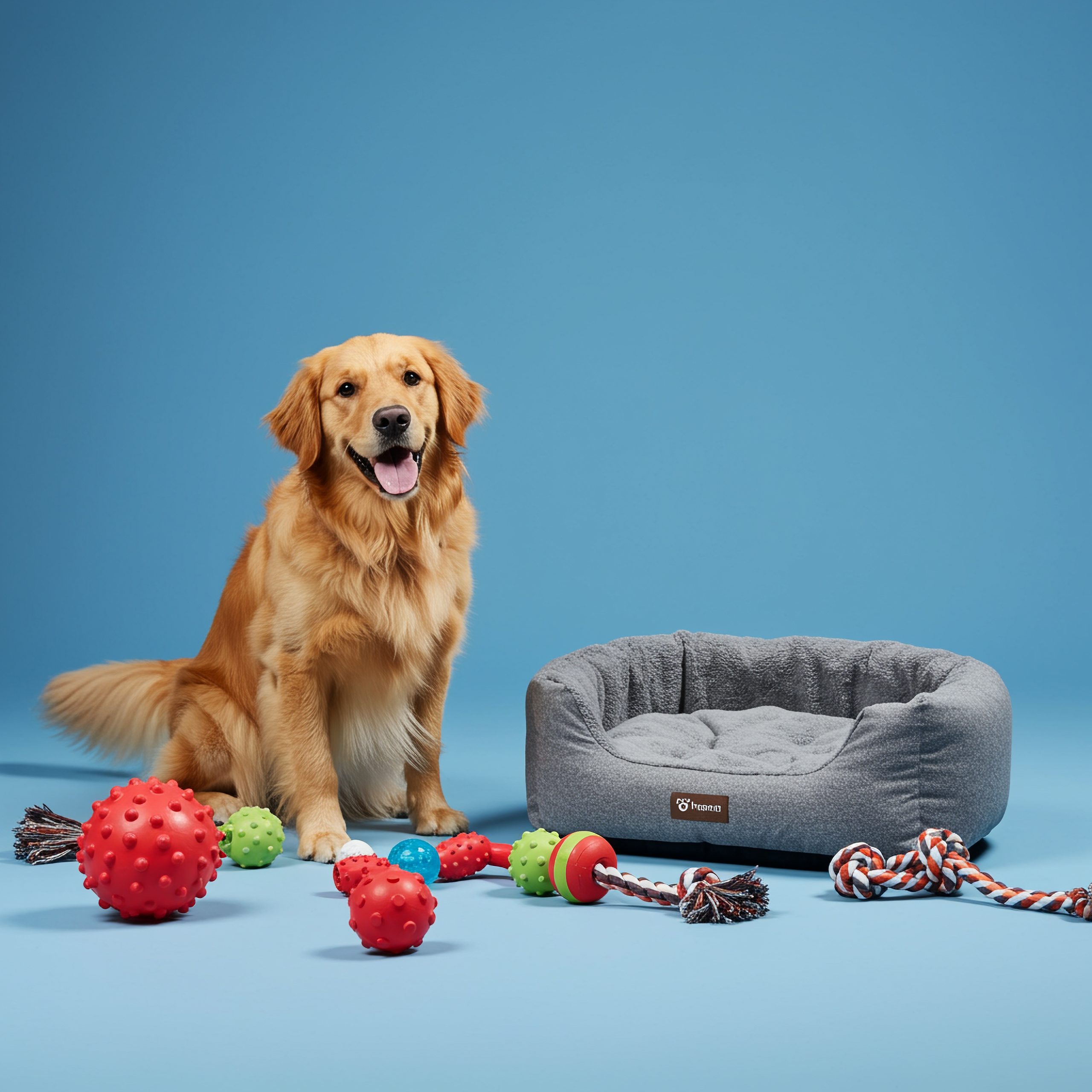 A golden retriever sits beside a dog bed filled with colorful toys, looking content and relaxed.