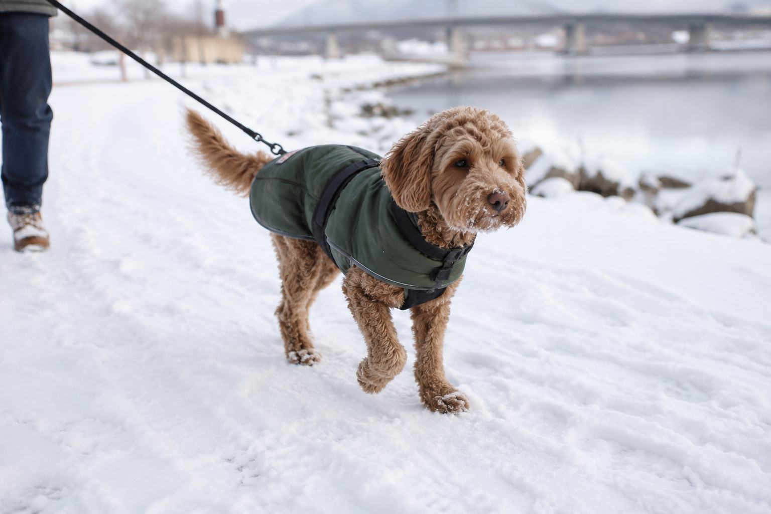 dog walking in the winter snow