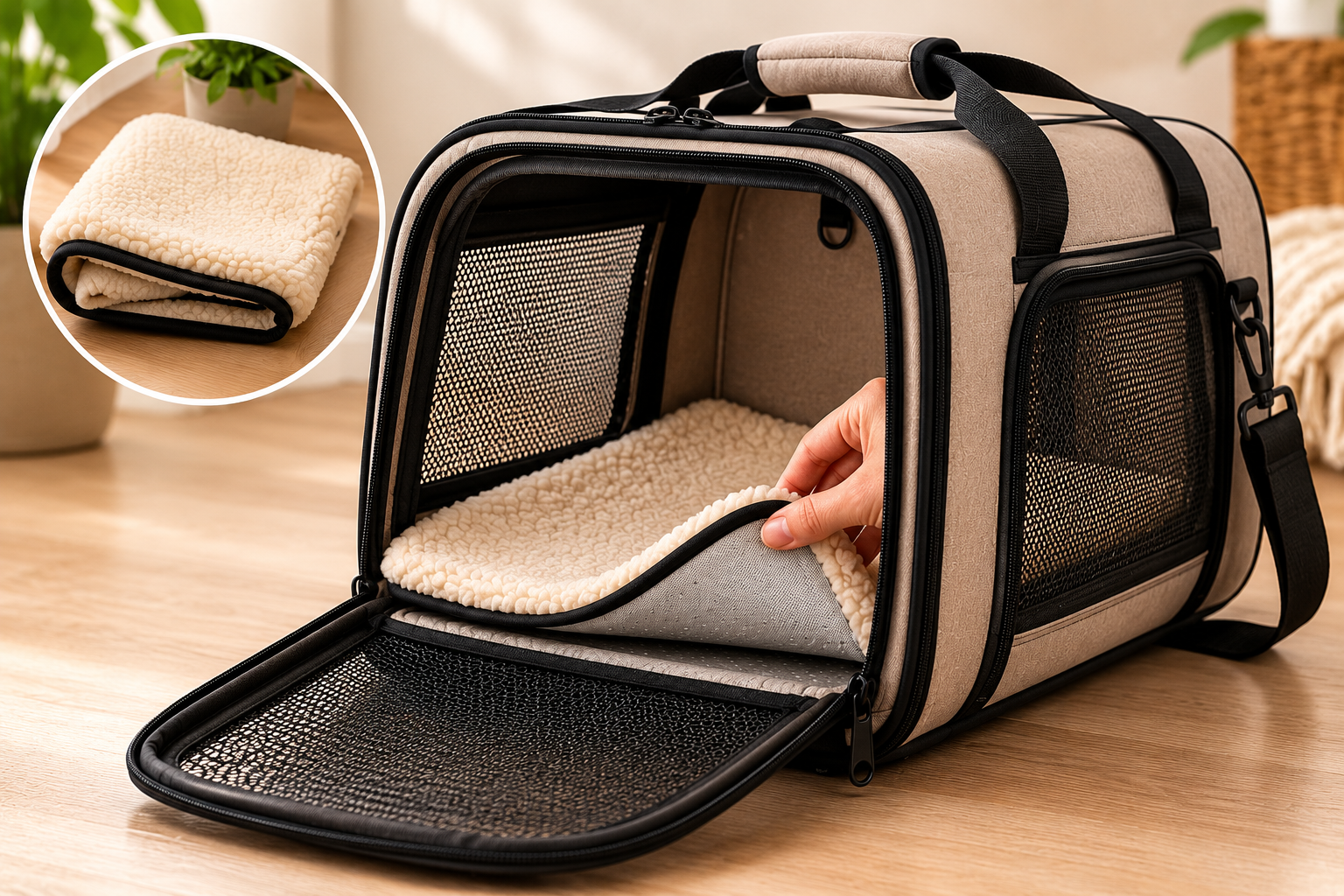 Cozy pet carrier with removable bedding pad