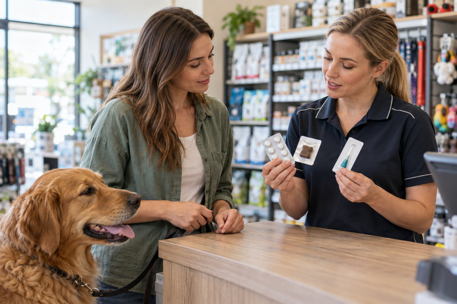 Owner comparing dog treatment packs with pet store staff