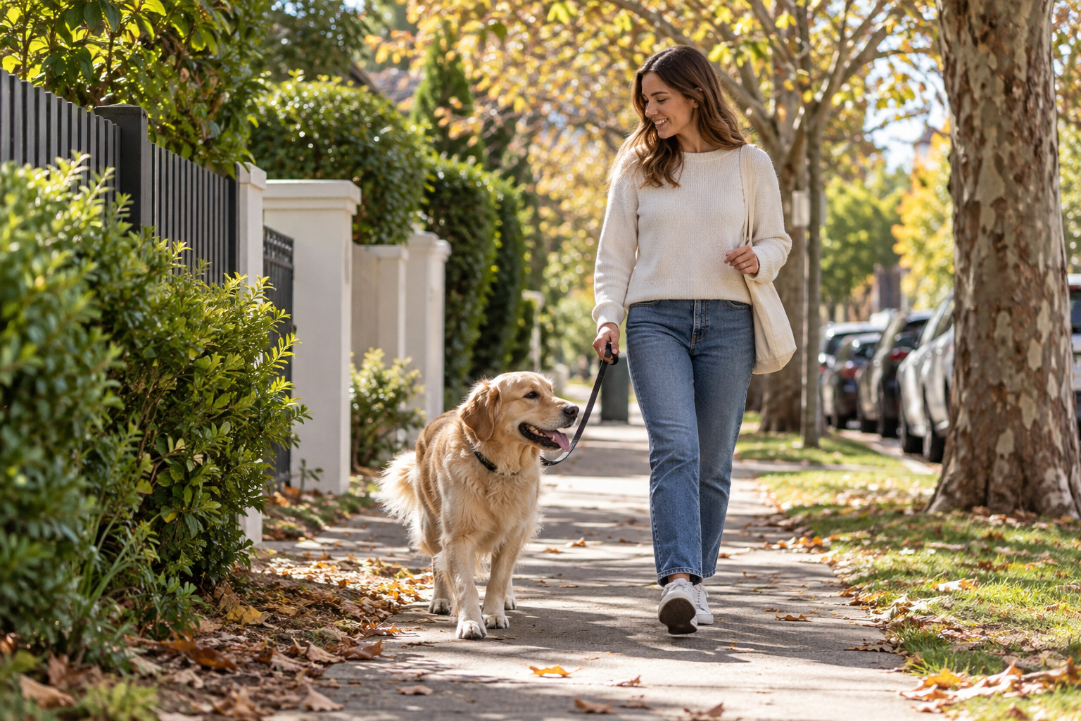 Owner walking a dog along a leafy suburban footpath