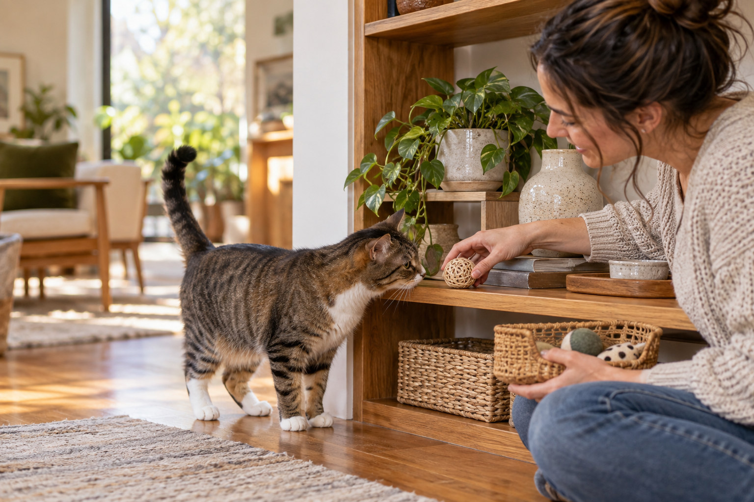 Owner offering a cat a small toy beside a shelf of play items