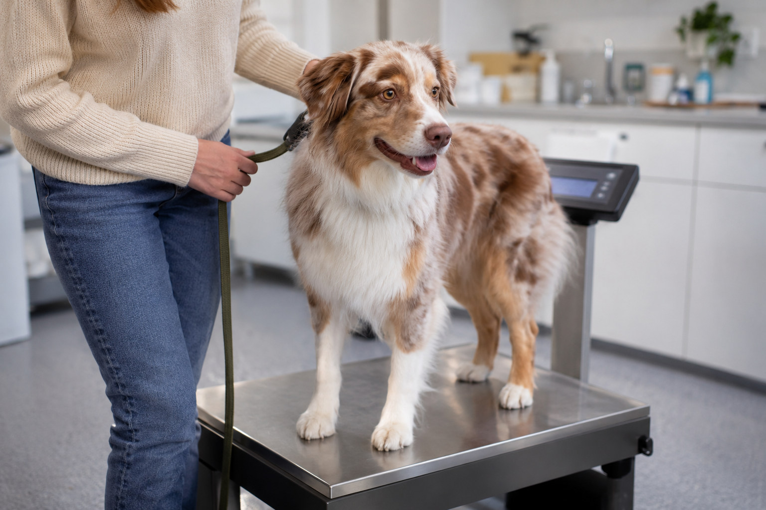 Dog standing on a veterinary platform scale with its owner beside it