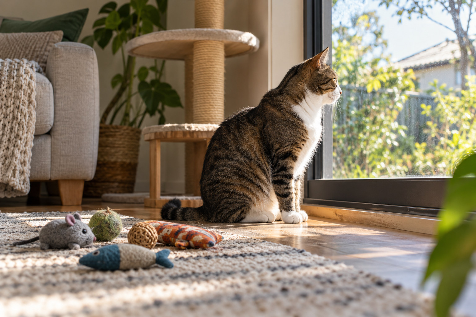 Indoor cat watching the window beside a pile of toys