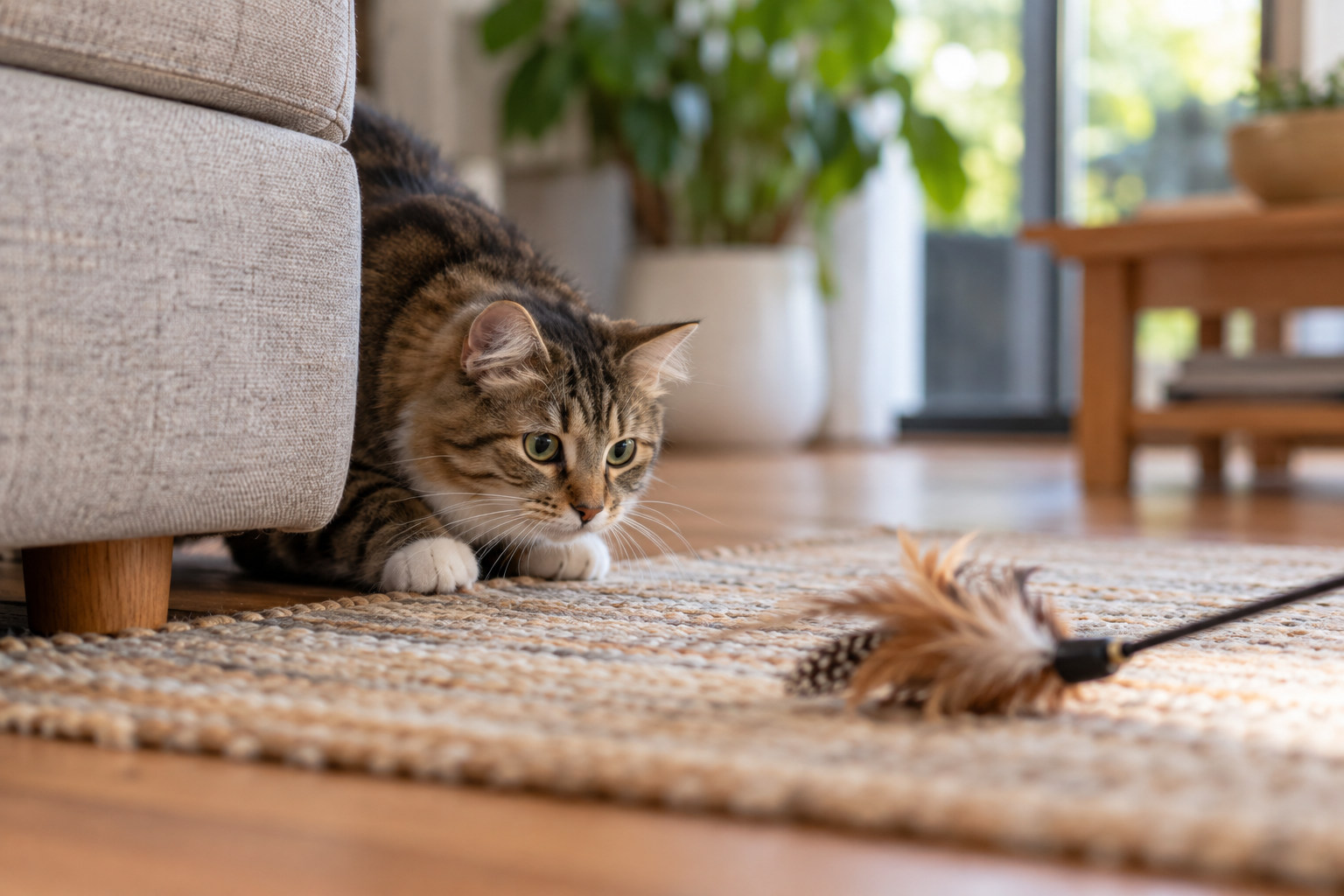Cat crouching low to stalk a feather lure on the floor