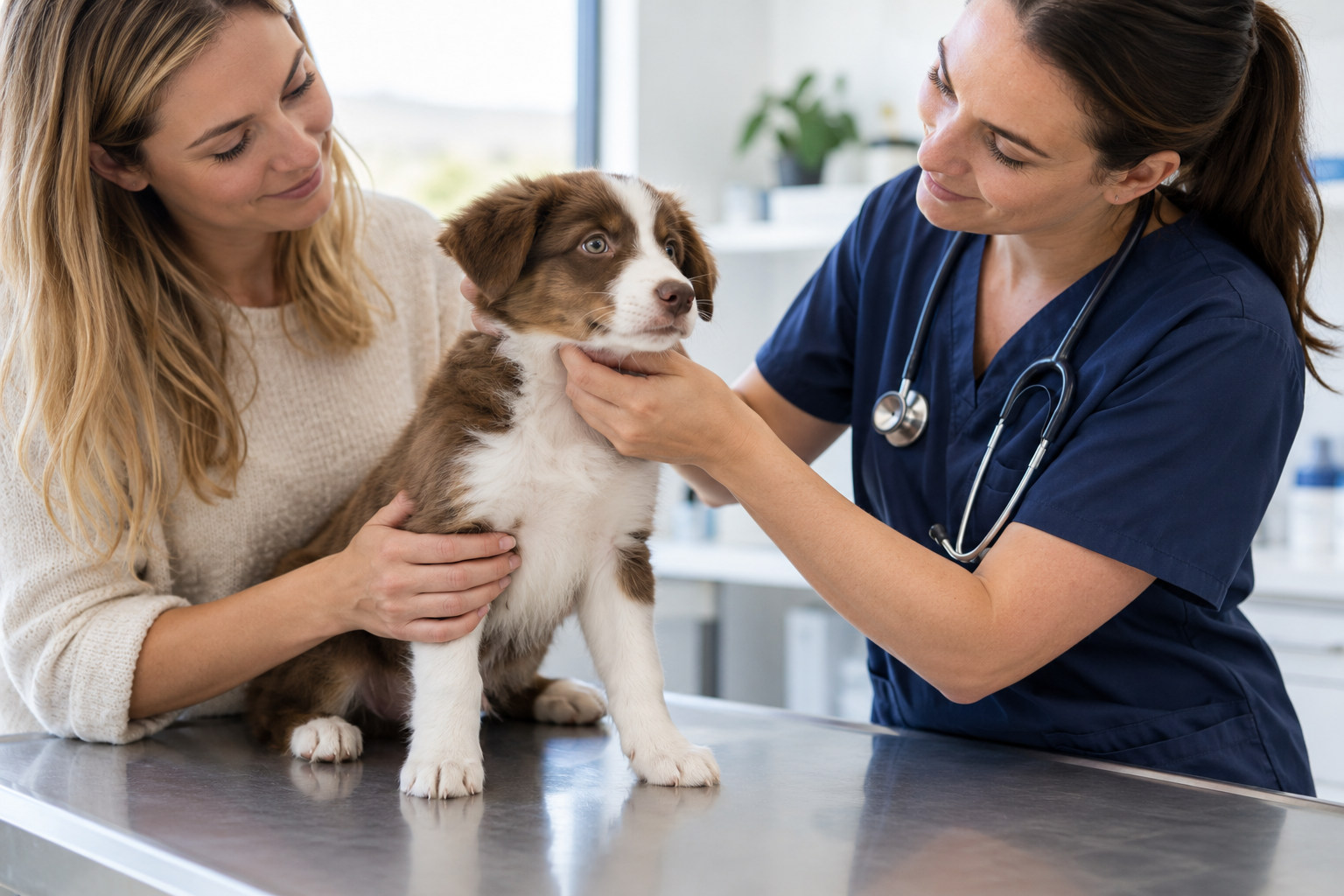 Veterinarian gently examining a puppy with its owner present
