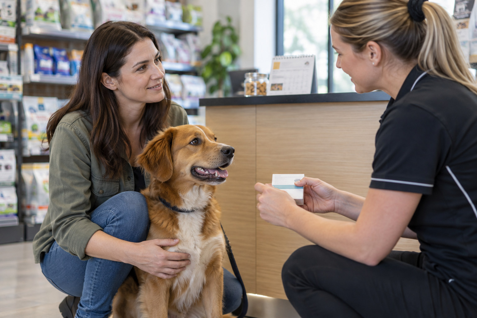 Pet store worker discussing routine dog care with an owner and dog