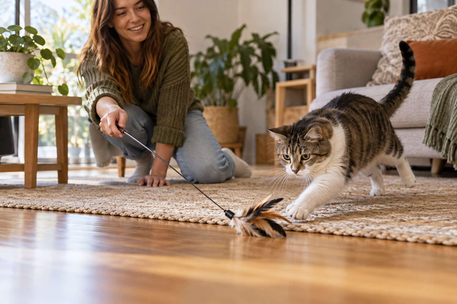 Cat chasing a wand toy moved by its owner across the rug