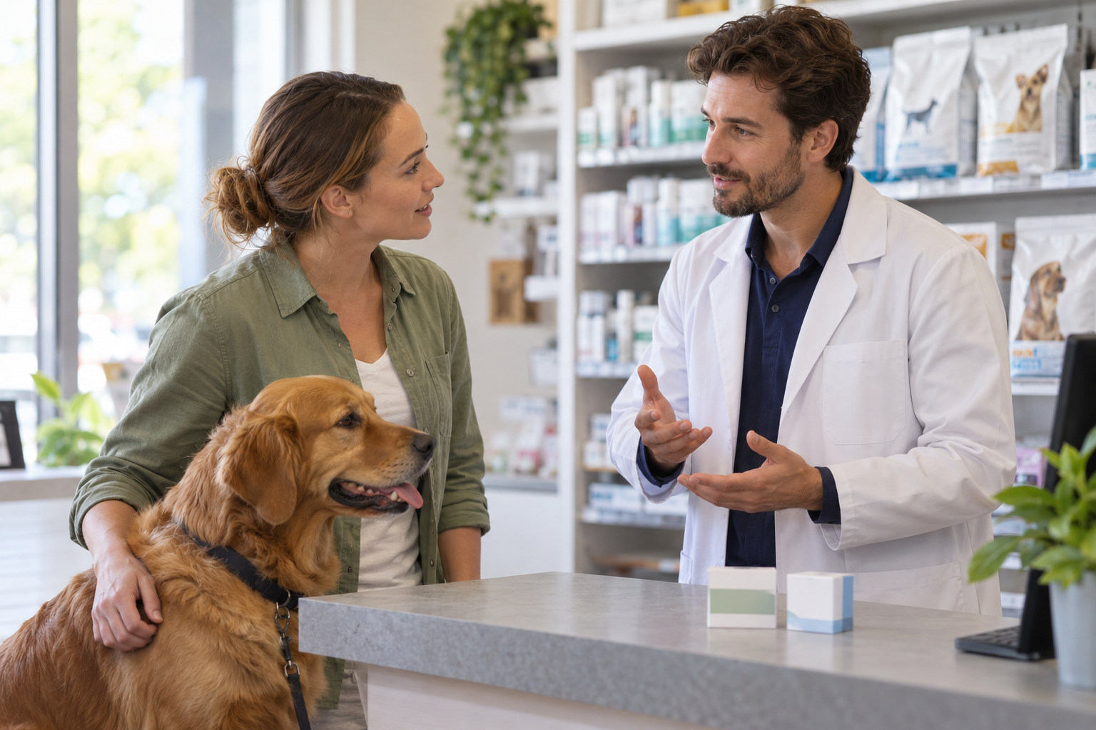 Veterinarian discussing dog treatments with an owner at a counter