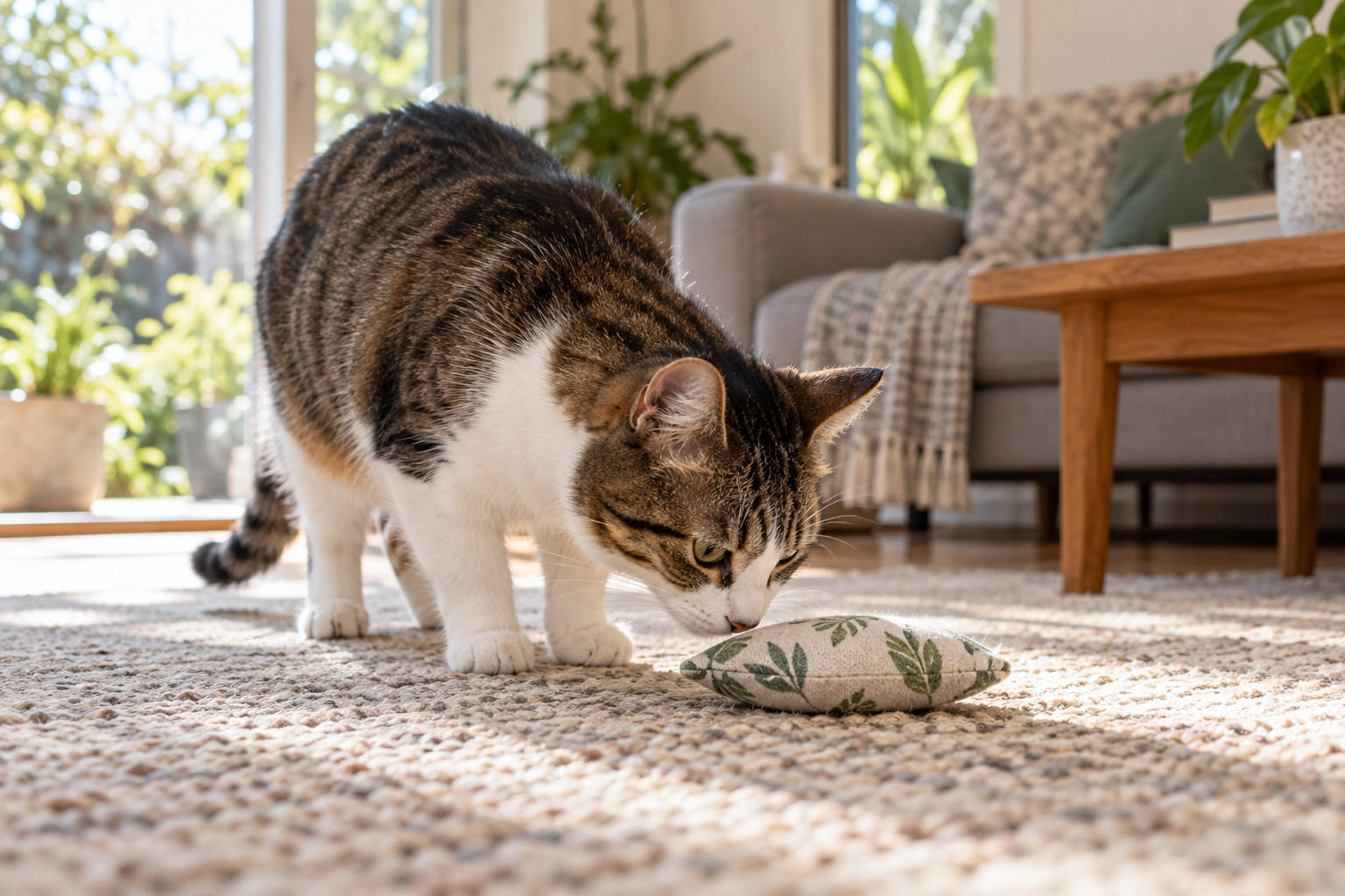 Cat sniffing a small fabric toy on a living room rug