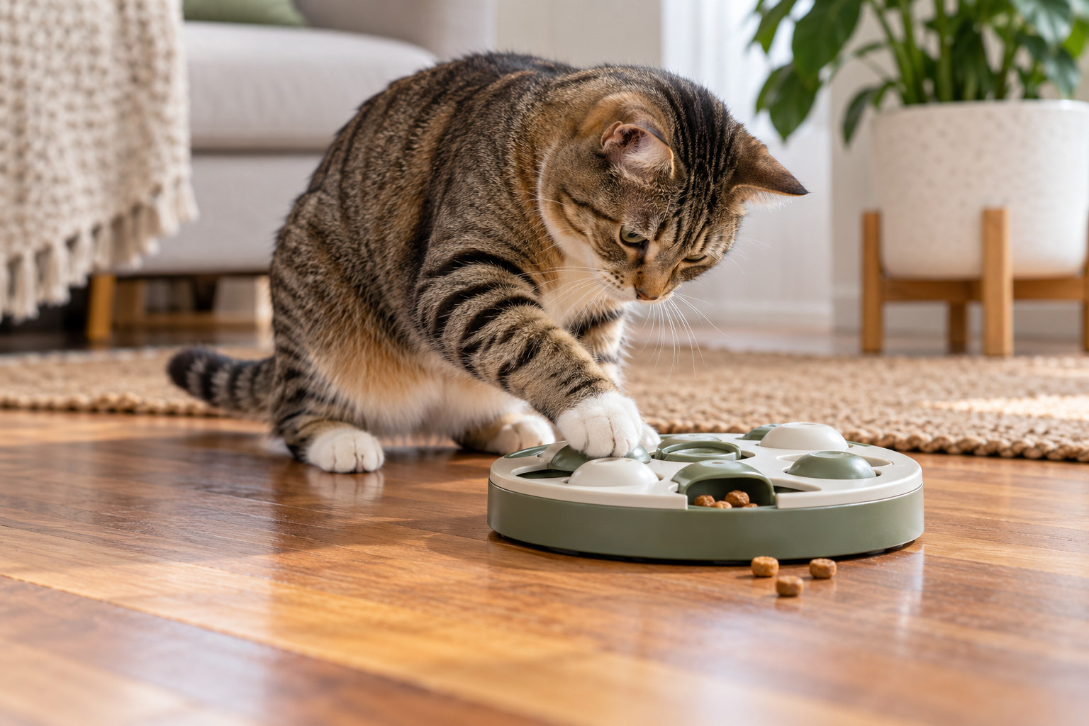 Indoor cat pawing a puzzle feeder for dry food