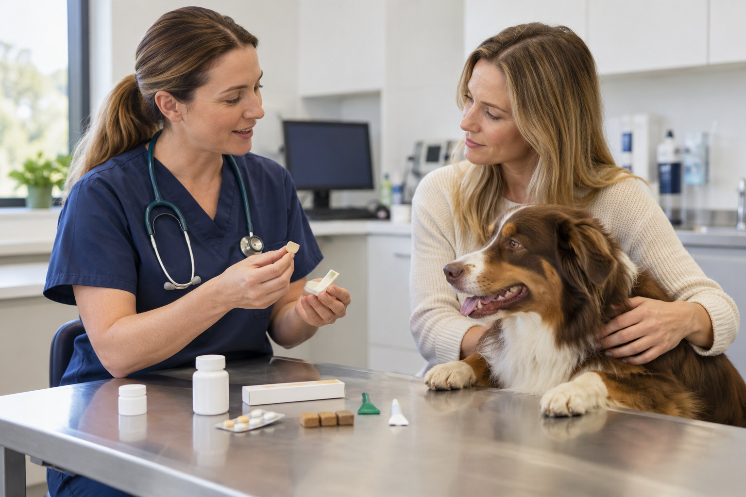 Veterinarian discussing parasite treatment options with a dog owner
