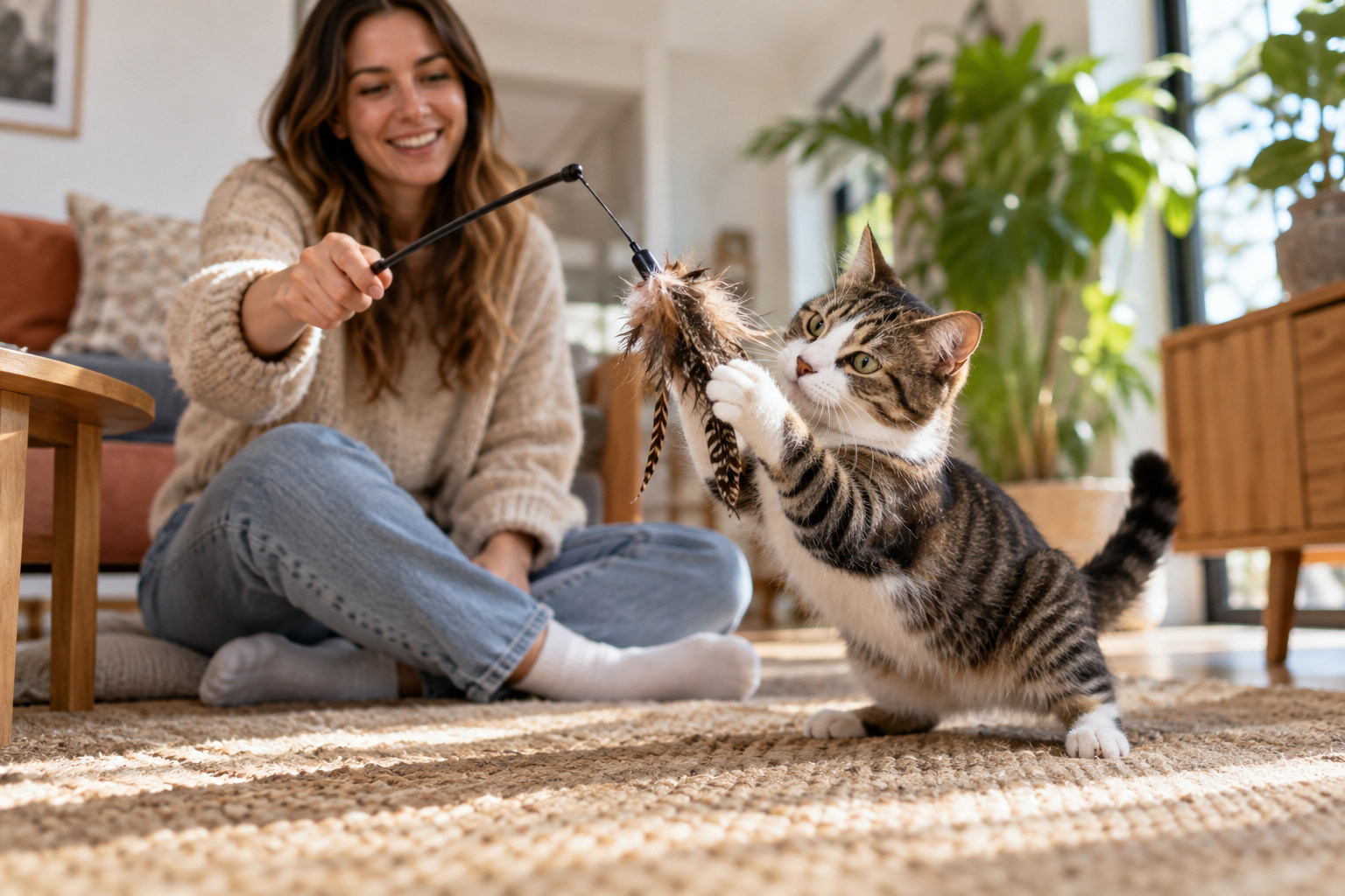 Cat catching a wand lure during play with its owner