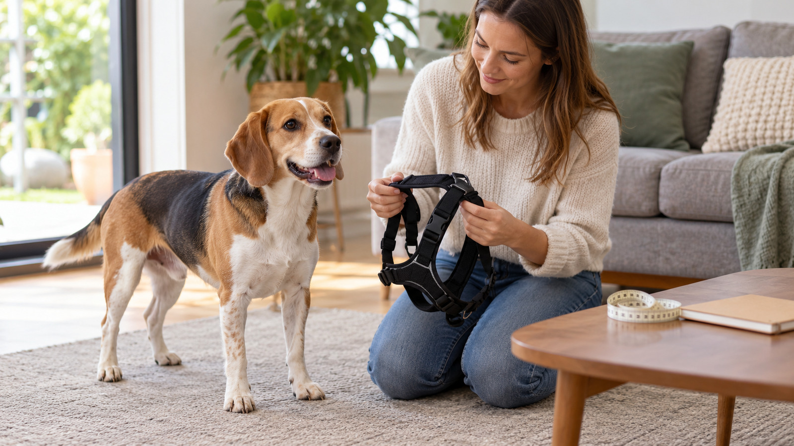 Owner examines a harness beside a standing beagle, with measuring tape and notebook nearby.