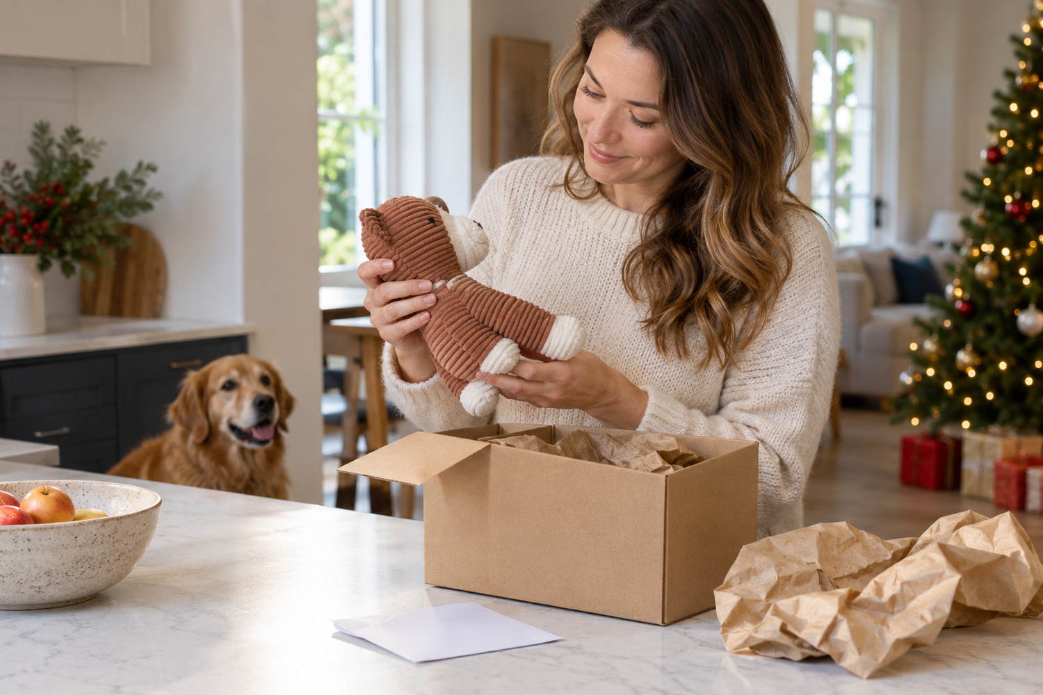 Owner checks a newly delivered dog toy at a kitchen bench with packaging kept off the floor.