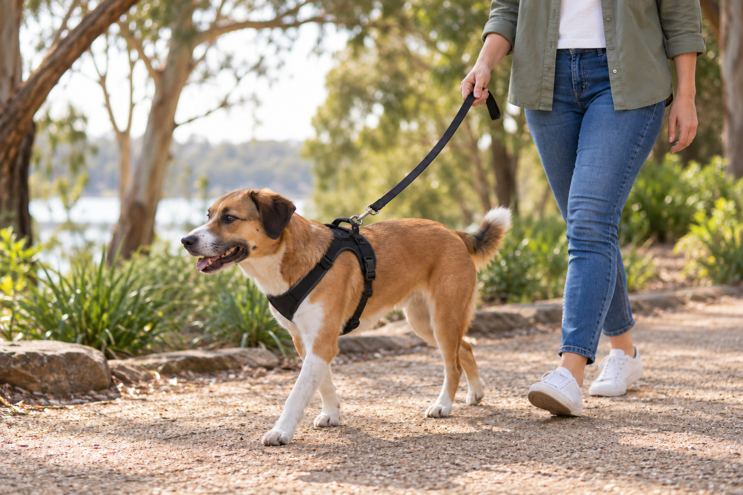 Dog walks beside its owner on a slack lead wearing a plain black harness.