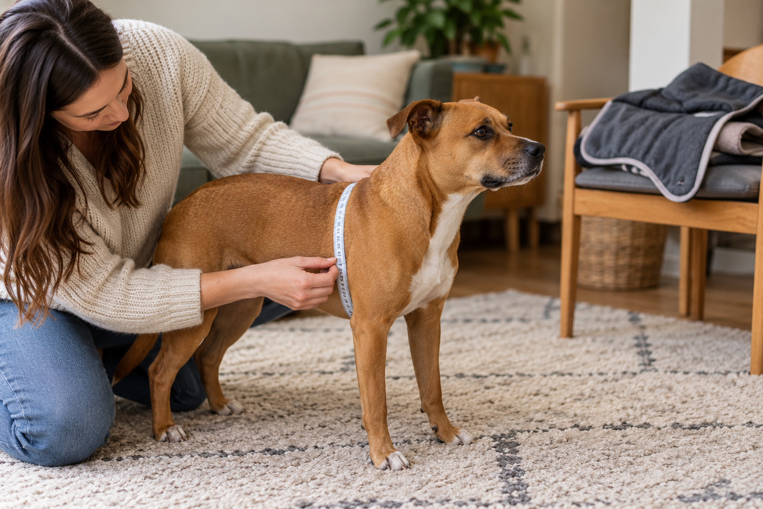 Owner measures a standing dog's chest with a soft tape, with an unfitted coat nearby.