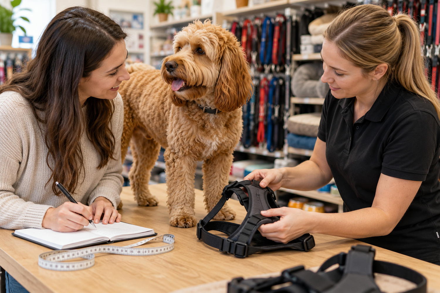 Owner records measurements while a pet-shop assistant examines a harness beside the dog.