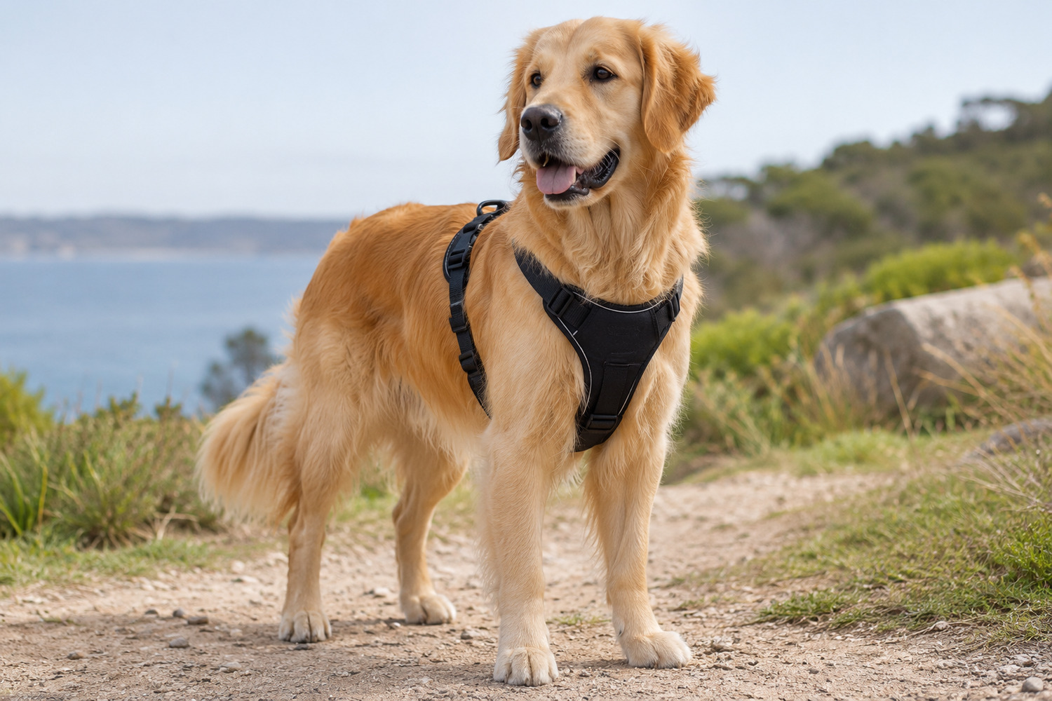 Golden retriever wearing a black chest-plate harness with adjustable webbing straps.