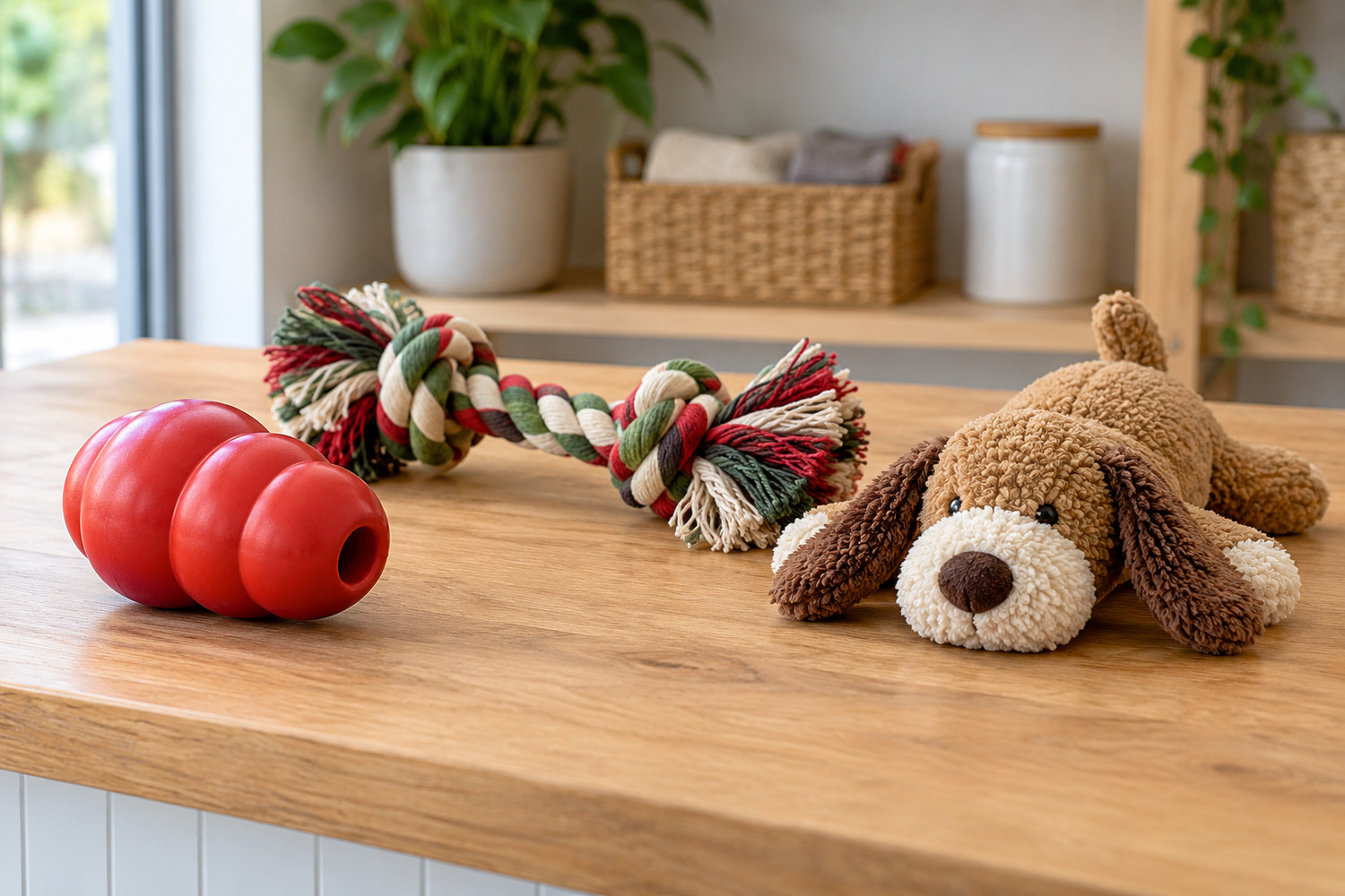 Rubber, rope and plush dog toys displayed together to compare their construction.
