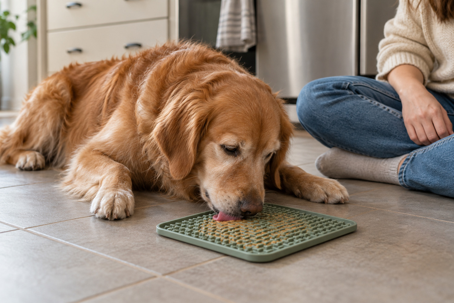A dog uses a silicone lick mat while its owner supervises on the kitchen floor.