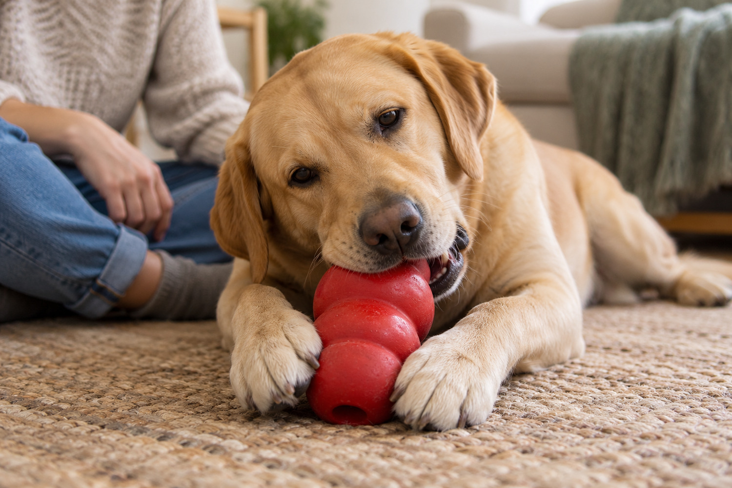 A Labrador chews an intact red rubber toy while its owner sits nearby.