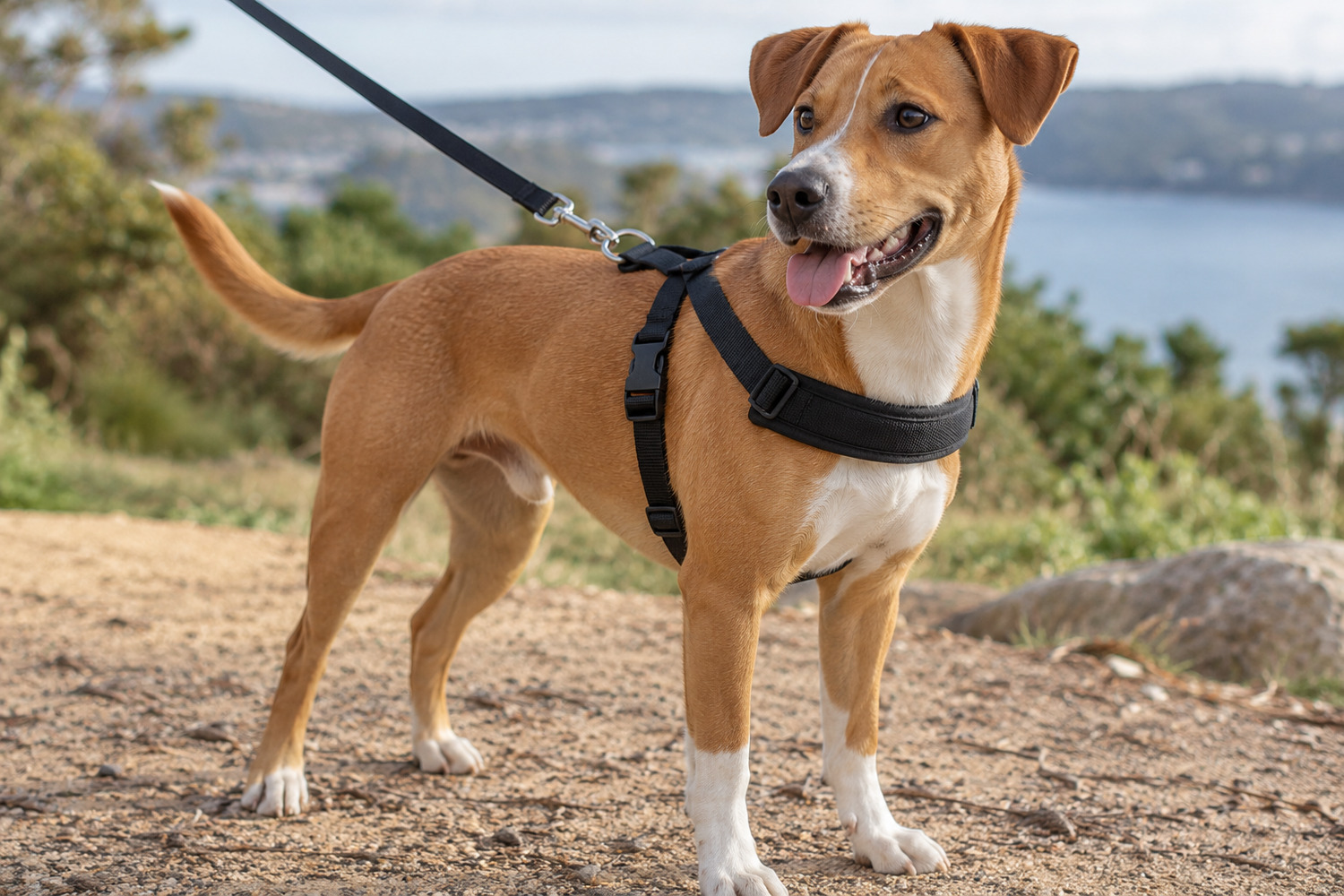 A standing dog wears a lightweight harness with a padded horizontal chest strap.