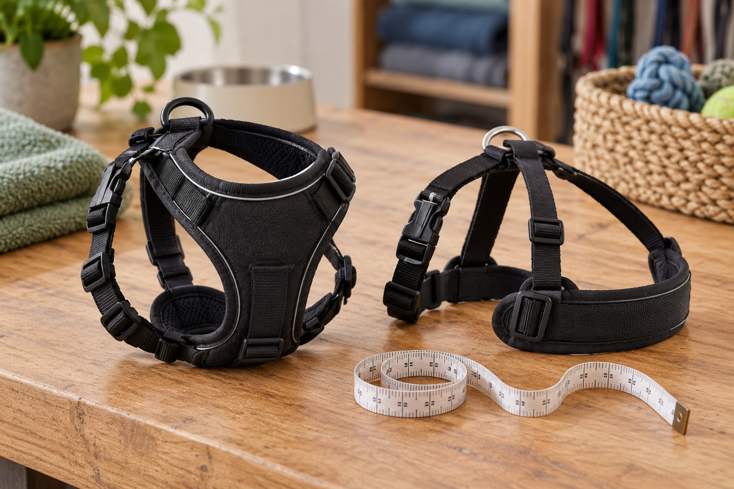 A chest-plate harness and a padded chest-strap harness sit beside a measuring tape.