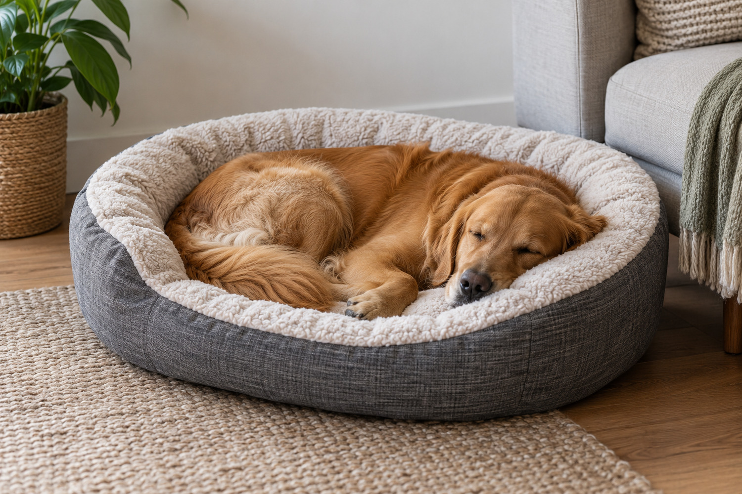 A golden dog sleeps curled inside a soft oval bolster bed.