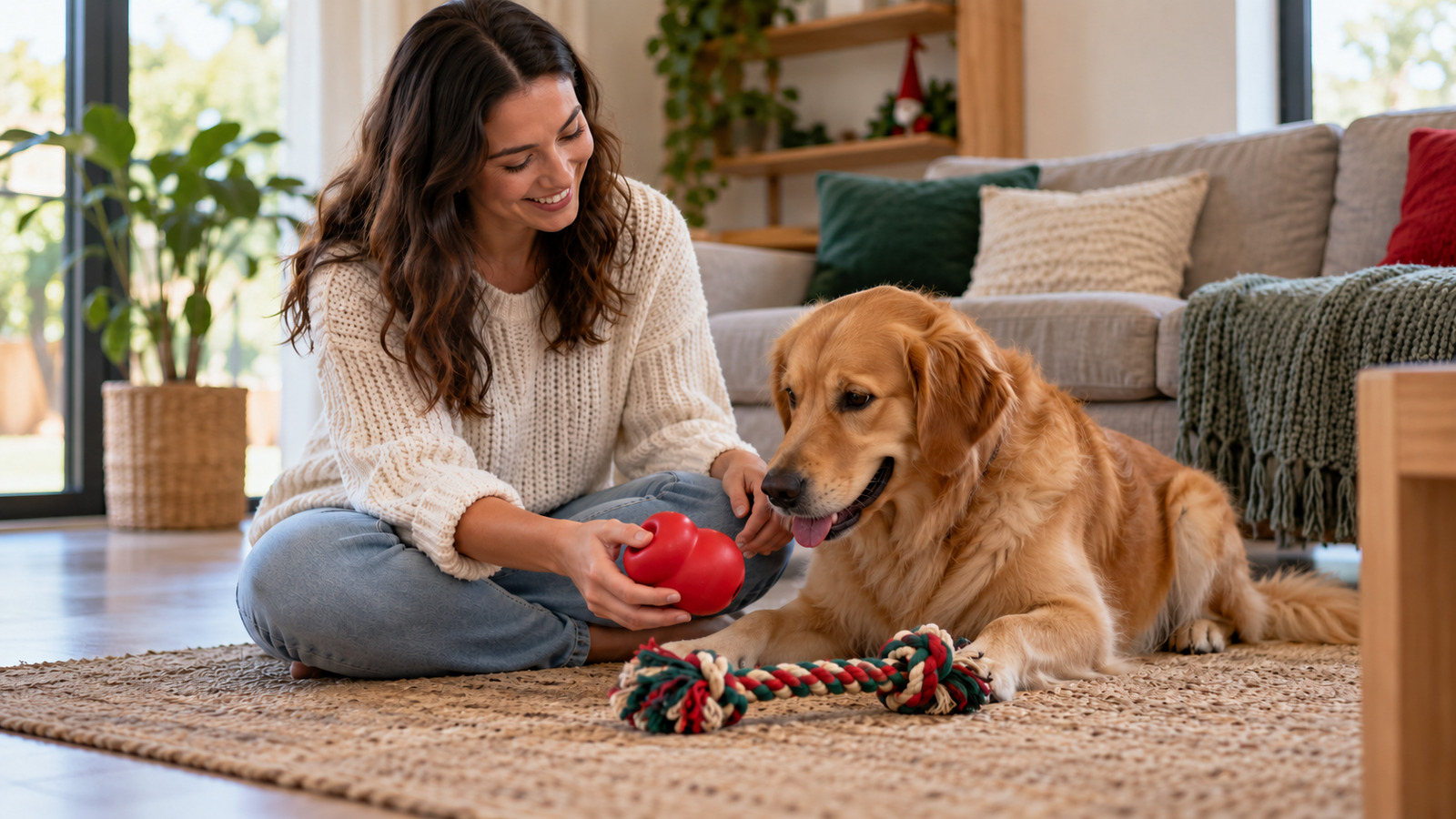 Owner offers a plain red rubber toy to a golden dog beside an intact rope toy.