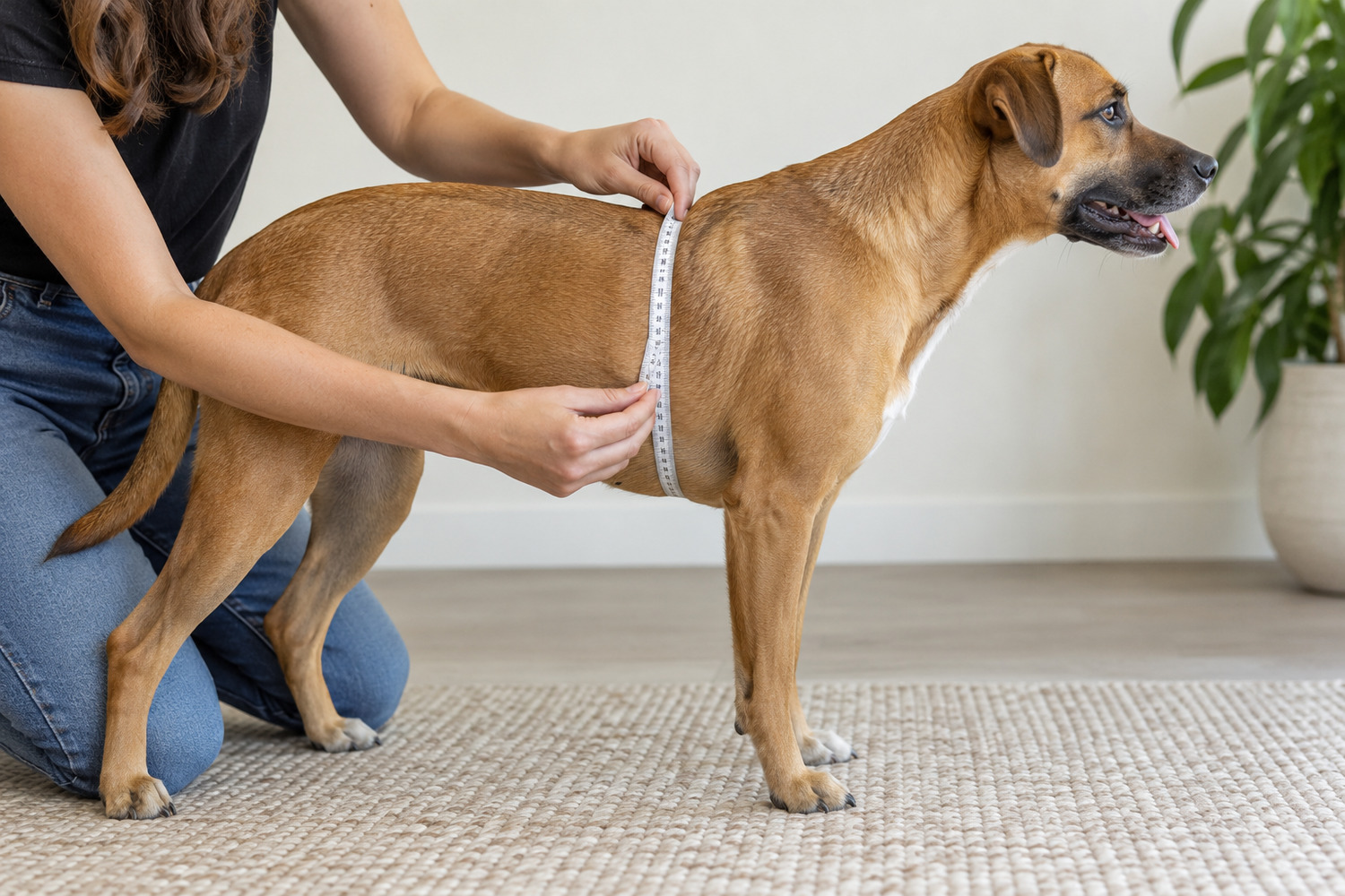 Owner measures the torso of a standing dog directly behind its front legs.